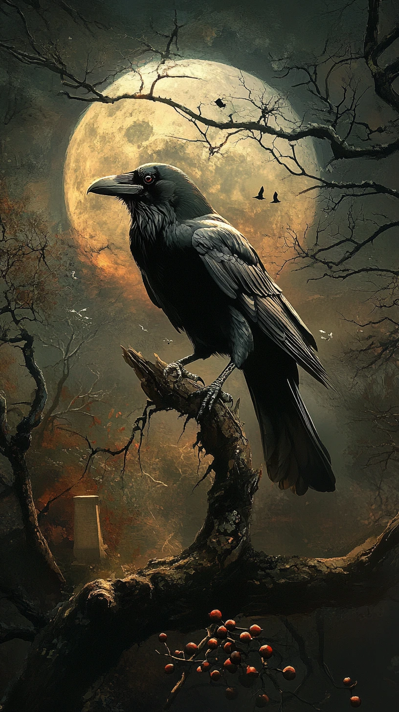 Corvo em galho retorcido sob a lua na floresta escura