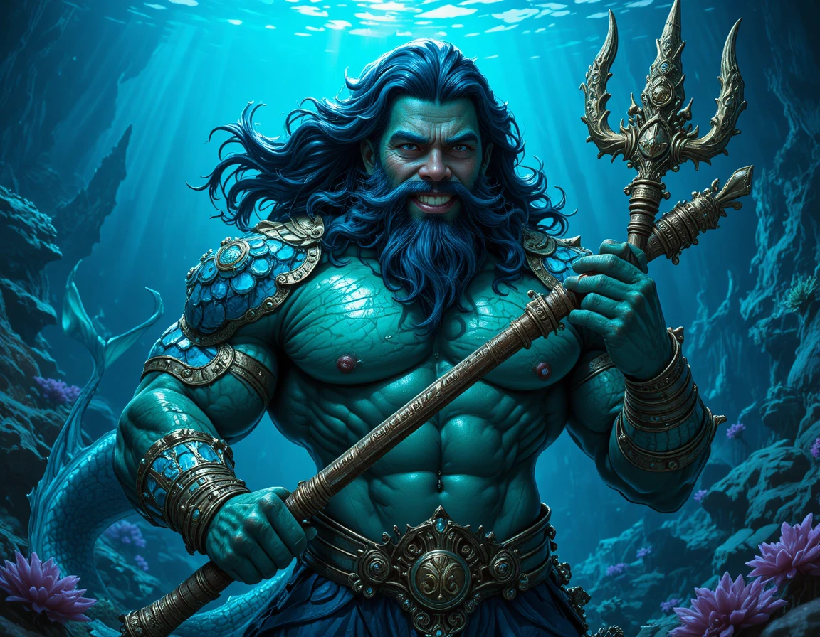Epic emerald merman warrior in a glowing underwater realm