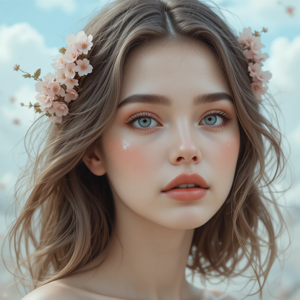 Blue eyed girl with cherry blossoms and glowing skin