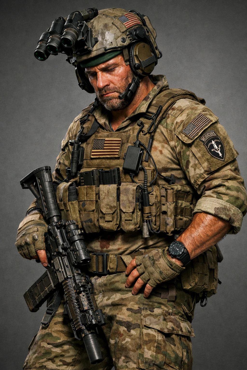 Render 3D de corpo inteiro de um soldado cansado do Exército dos EUA