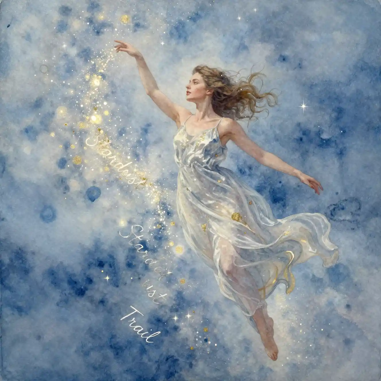 Ragazza ad acquerello che fluttua lungo un sentiero di polvere di stelle brillante