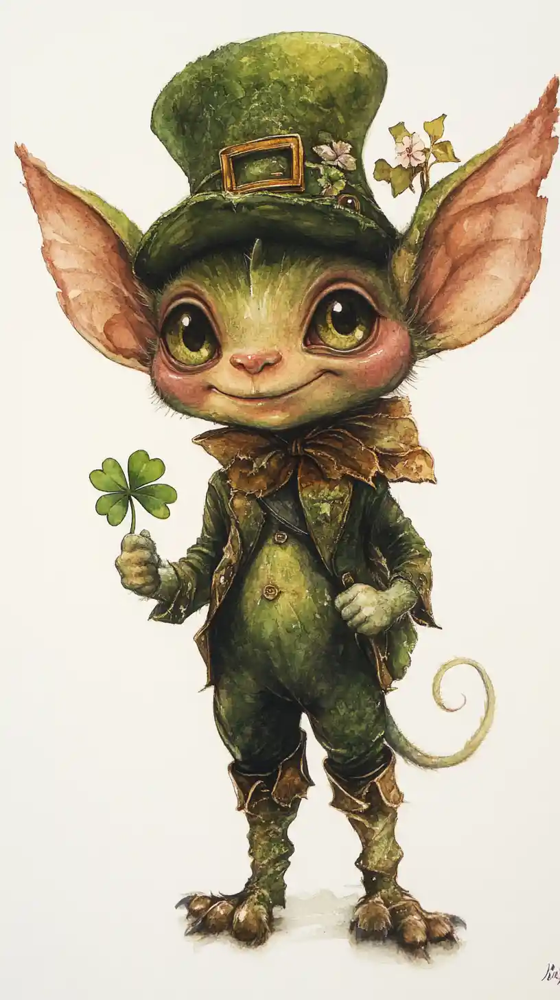 Verspielter Aquarell-Leprechaun mit Kleeblatt auf weißem Hintergrund