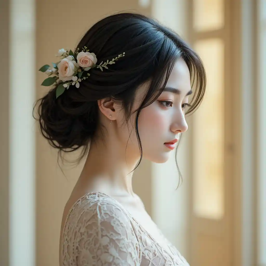 Profile portrait of a young woman with roses in her hair