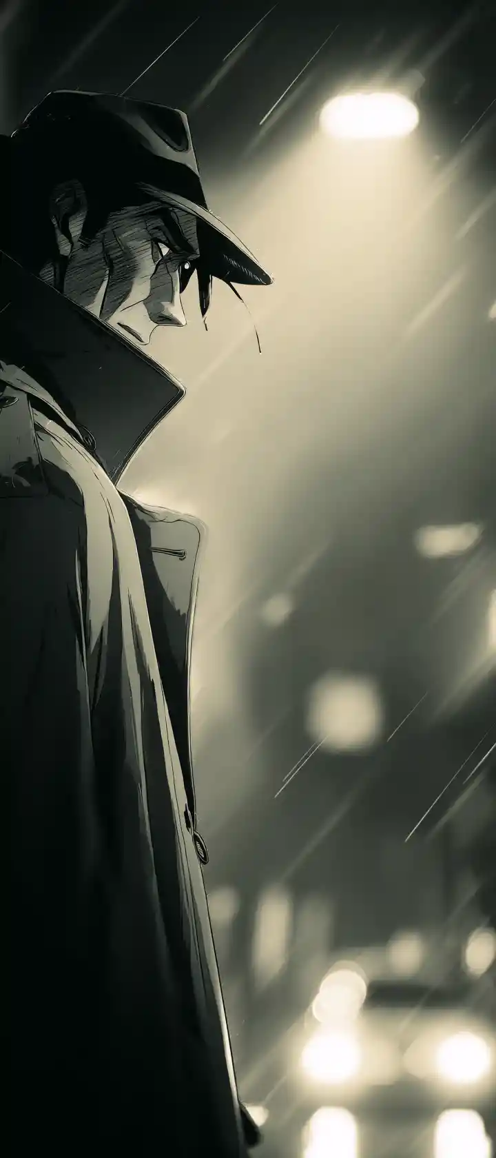 Anime detective in trench coat under rainy streetlight