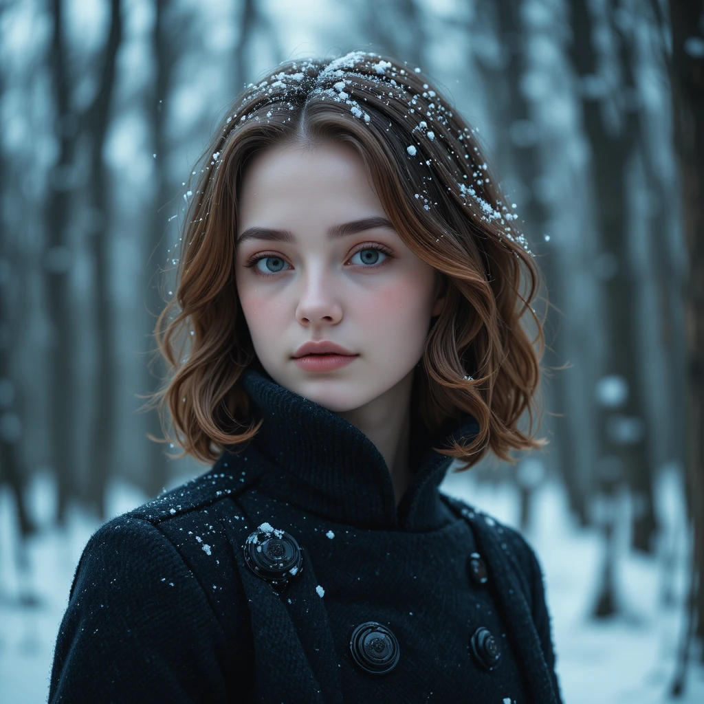 Junge Frau im verschneiten Winterwald – filmisches Porträt