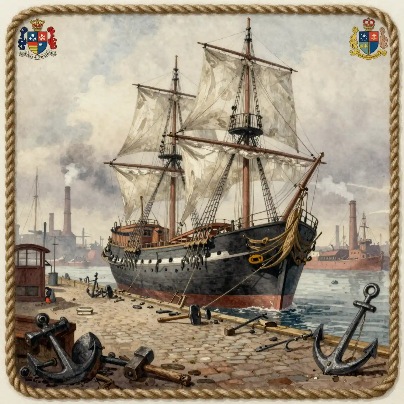 Grande navio à vela em porto industrial – ilustração em aquarela