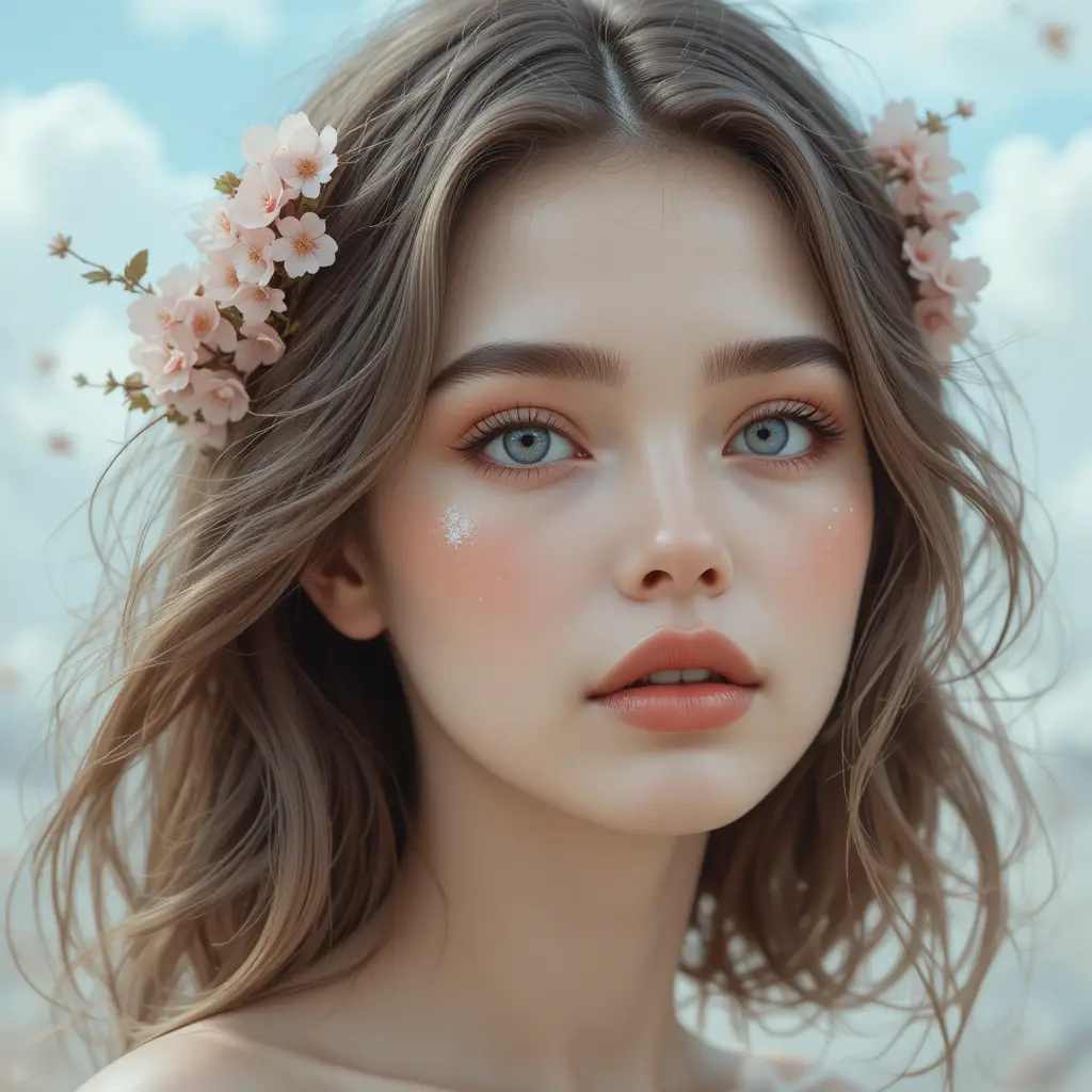 Fille aux yeux bleus avec fleurs de cerisier et peau lumineuse