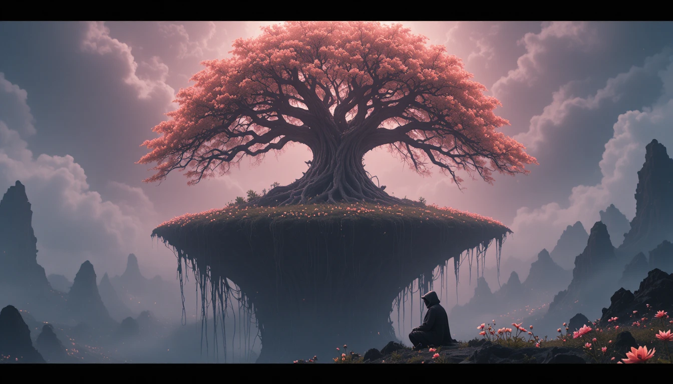 Uralter Baum auf einer schwebenden Insel in einer leuchtenden Traumlandschaft