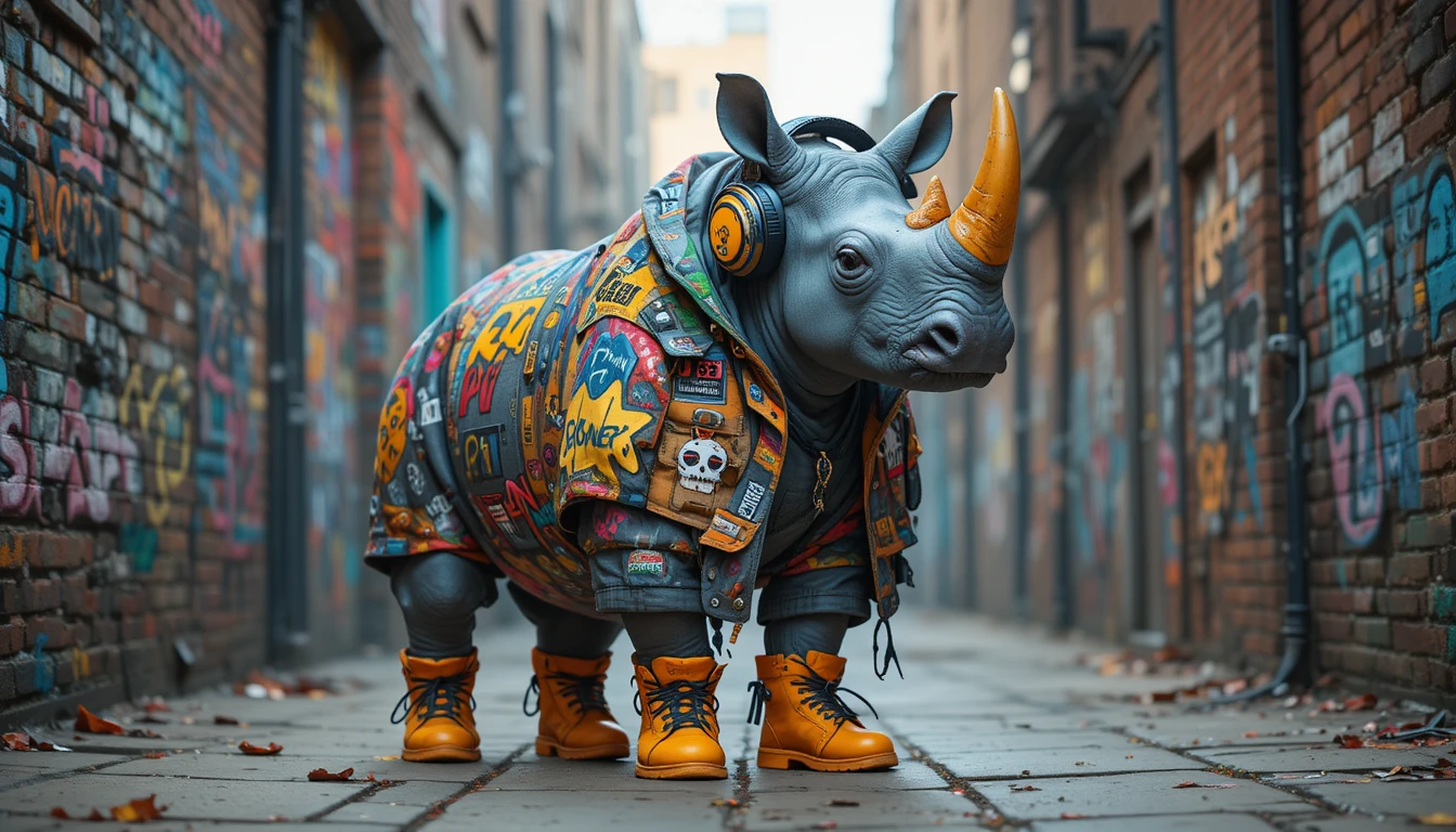 Graffiti-Nashorn mit Streetwear-Jacke und Kopfhörern