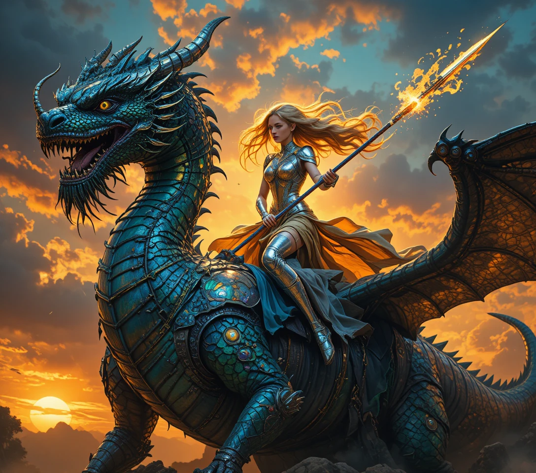 Guerriera bionda che cavalca un drago corazzato nel cielo al tramonto