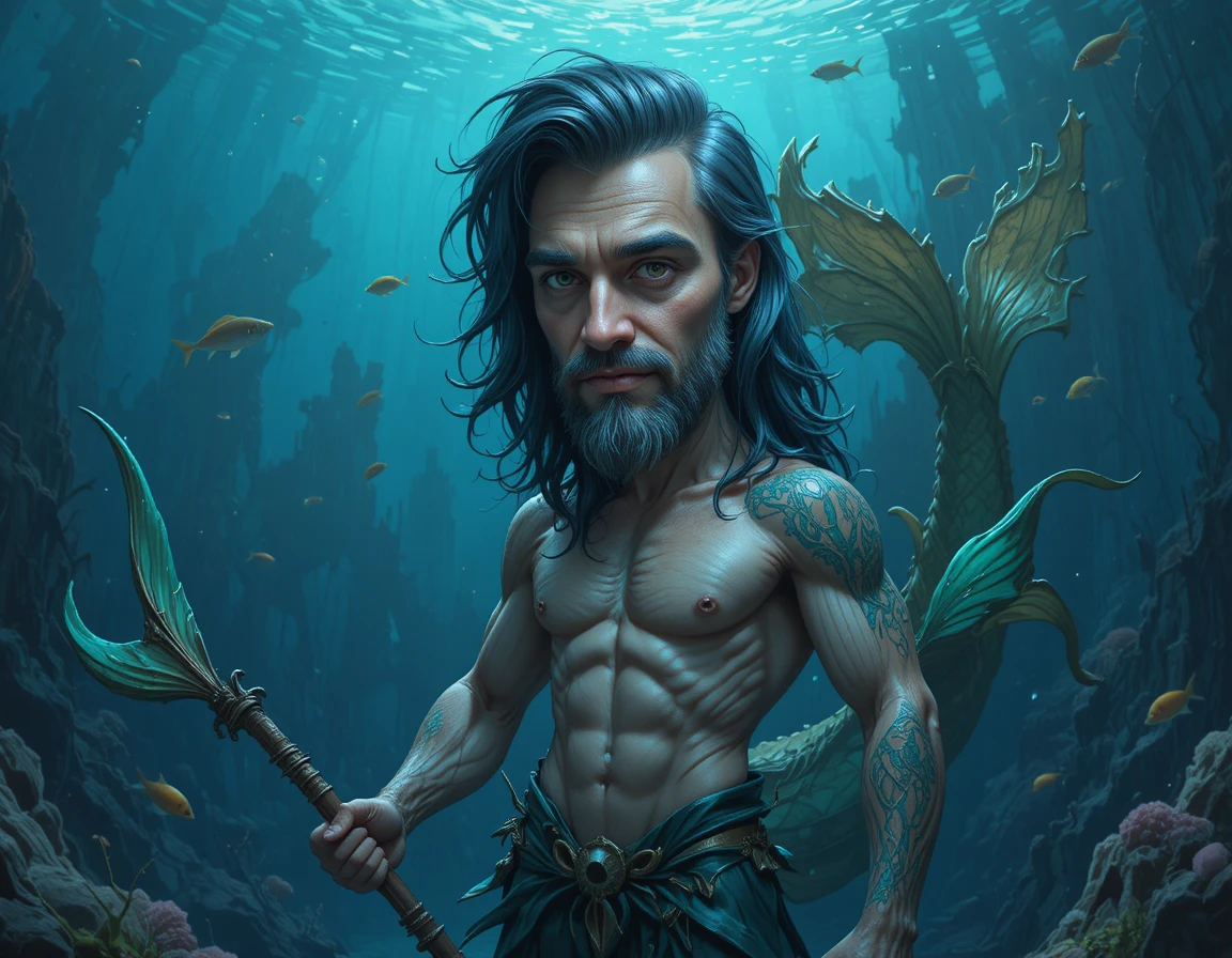 Muscular merman warrior with spear in deep blue ocean