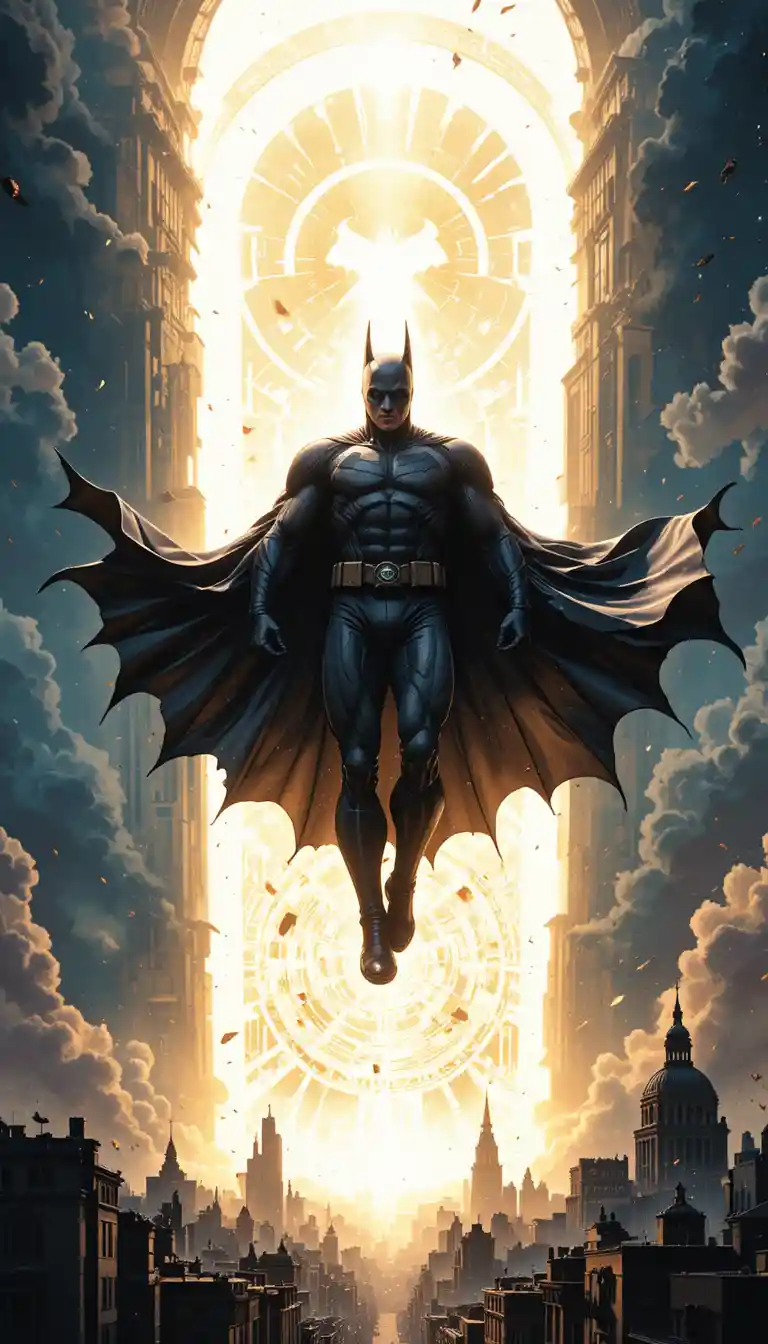 Figura eroica con mantello che fluttua sopra la città di gotham al tramonto