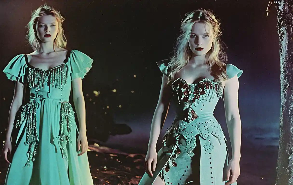 Modelle di moda dark fantasy in un drammatico scenario notturno