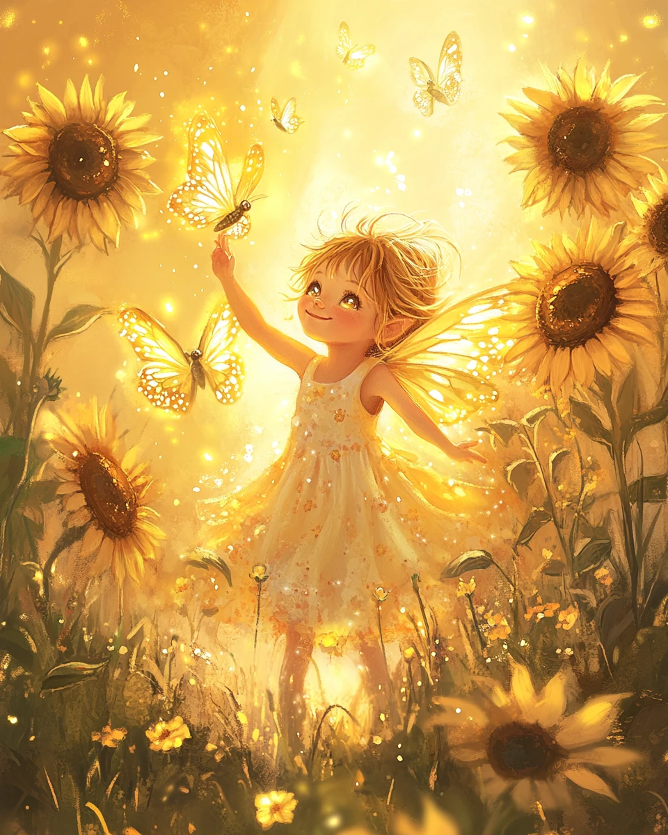 Bambina fata estiva che tende la mano verso farfalle luminose
