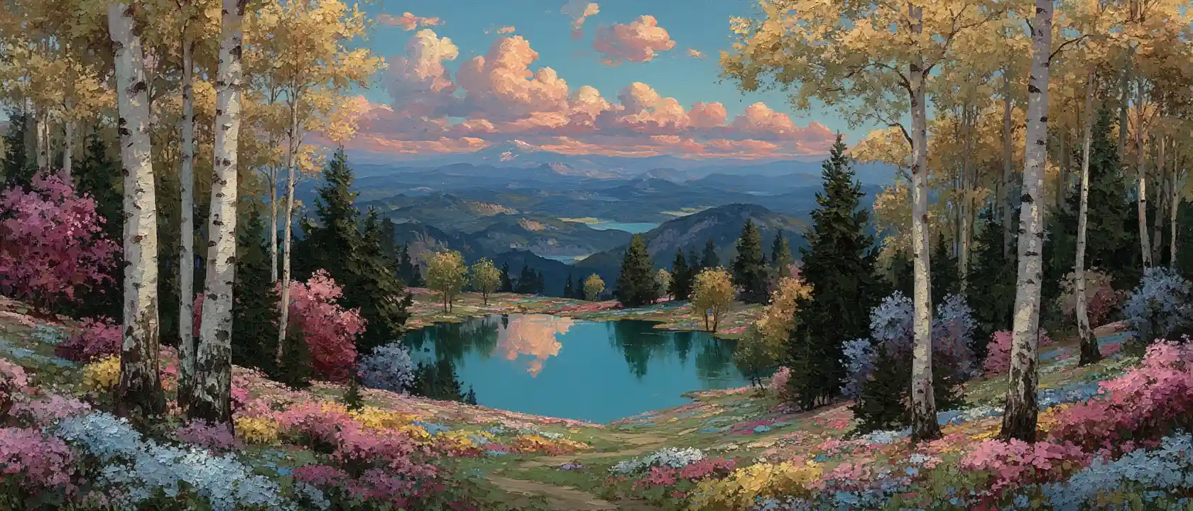 Colorata Valle Boscoso di Primavera con Lago e Montagne in Lontananza