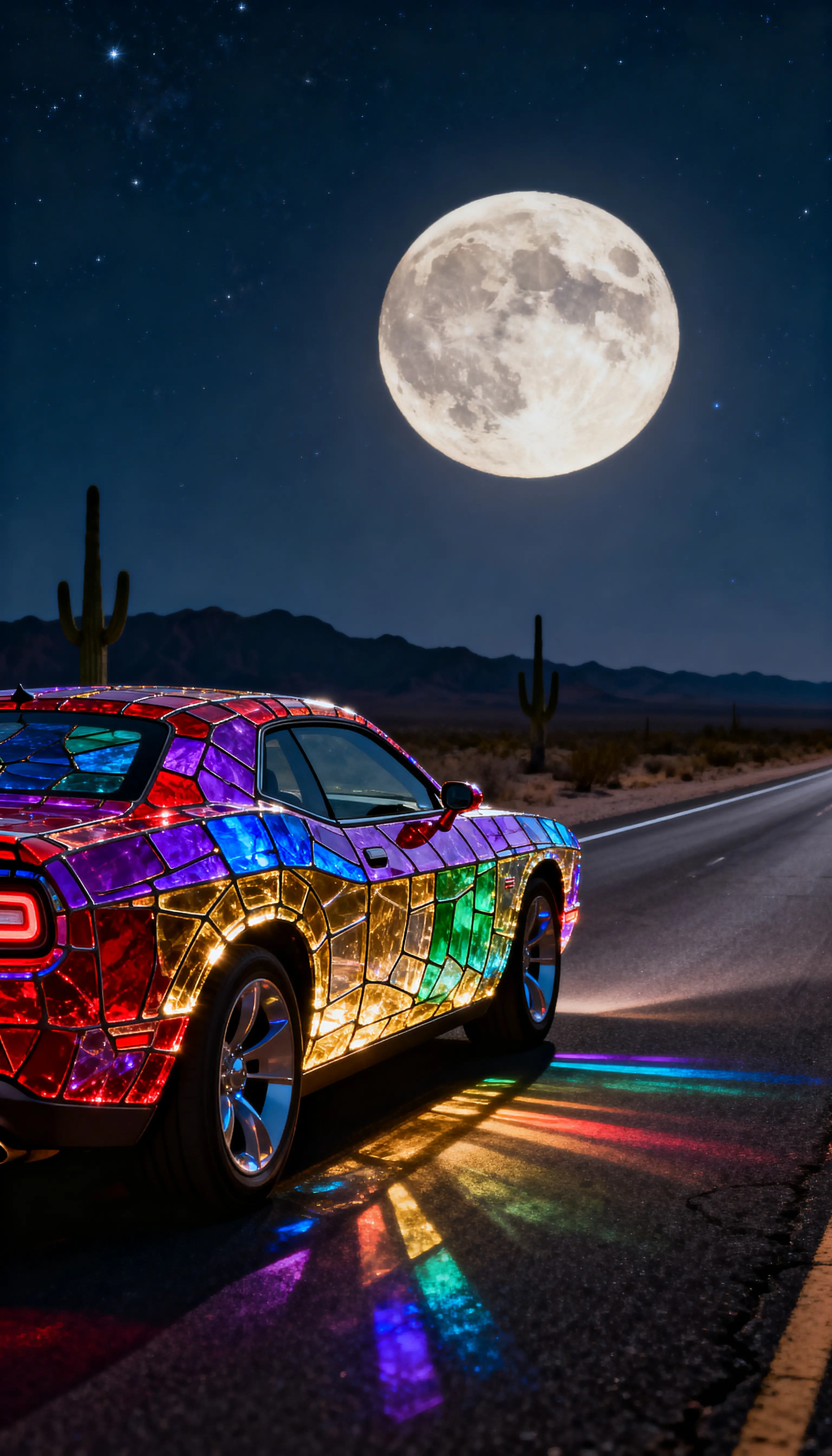 Muscle-Car aus Glasmalerei auf Wüsten-Highway bei Nacht