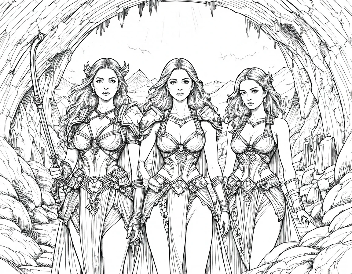 Guerrières de fantasy épique dans une grotte lumineuse