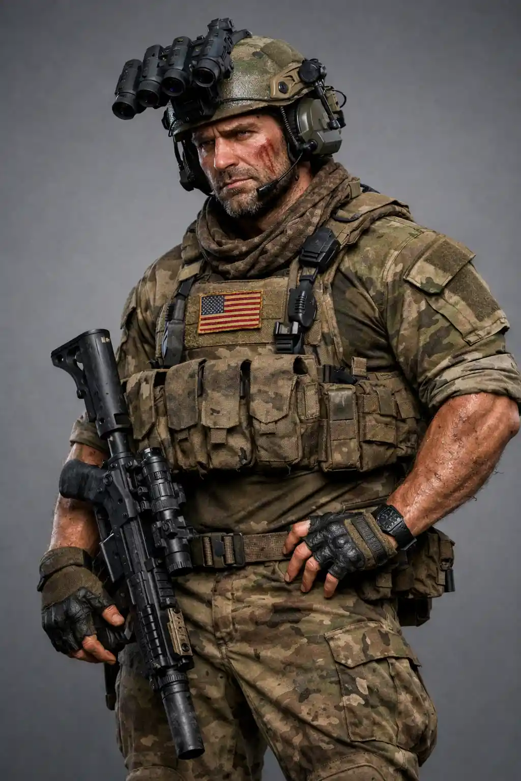 Render 3D de corpo inteiro de um soldado cansado do exército dos EUA