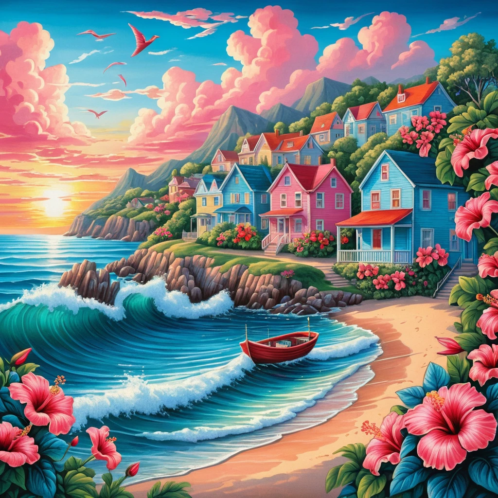 Cidade litorânea colorida ao pôr do sol com ondas e flores