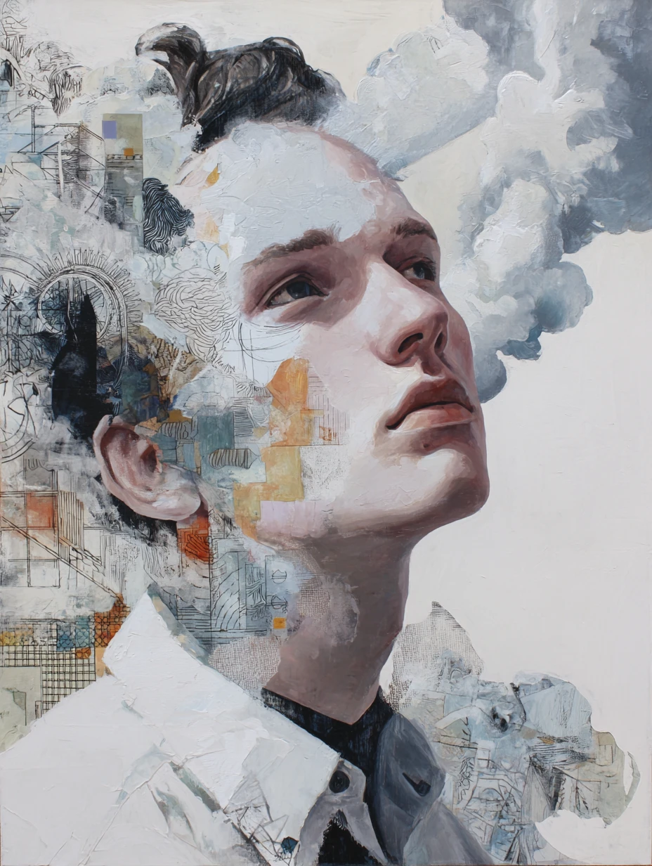 Retrato surreal em close que mescla realidade e emoções internas