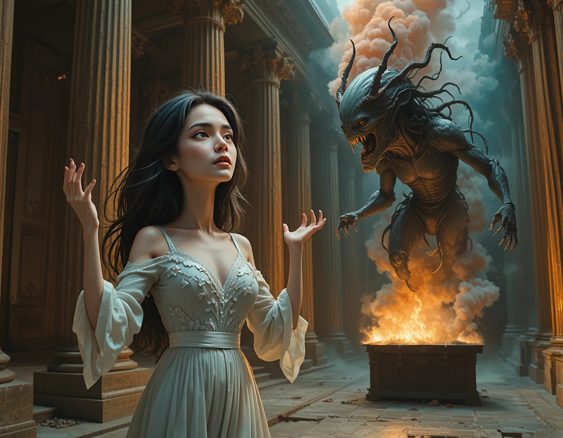 Kneeling woman defending herself before a demonic creature