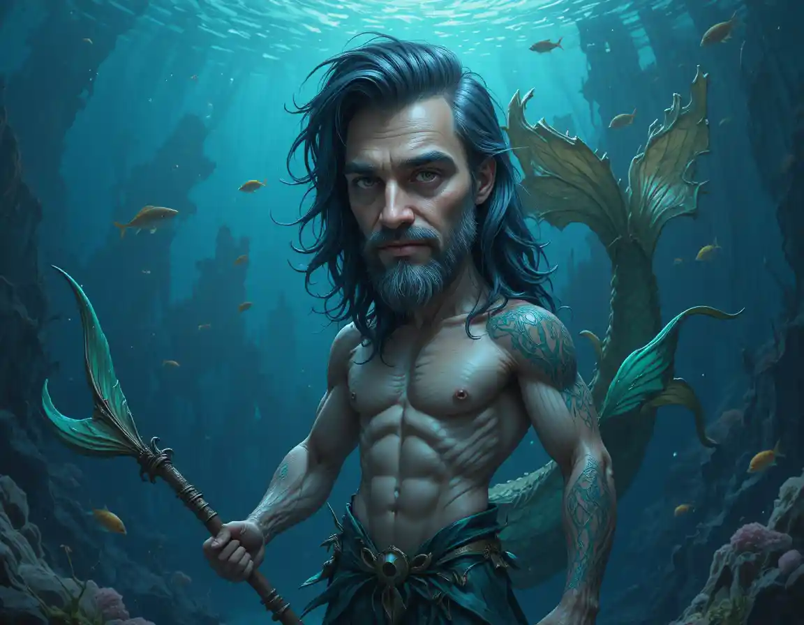 Muscular merman warrior with spear in deep blue ocean