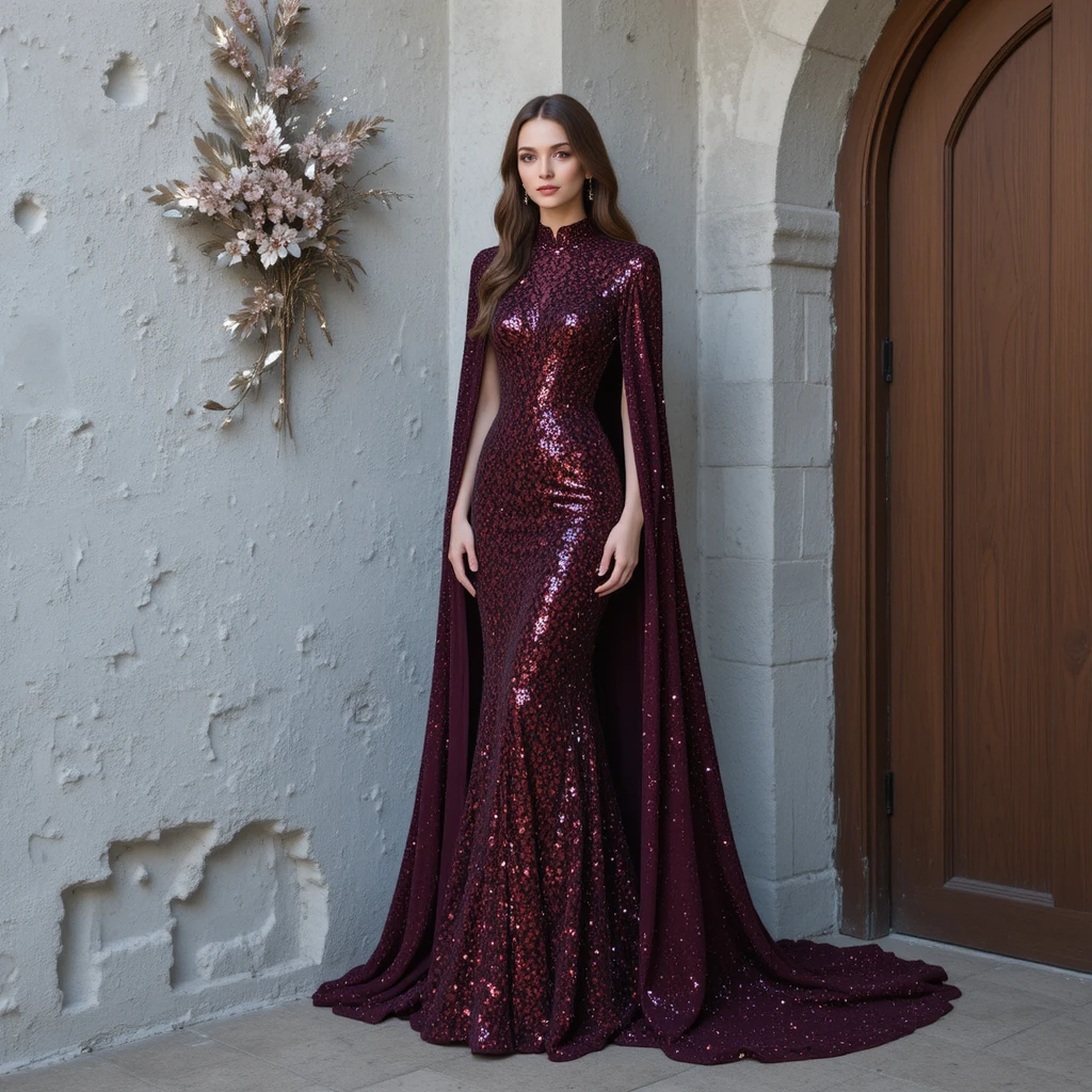 Elegante donna in abito burgundy di paillettes accanto a una parete grigia