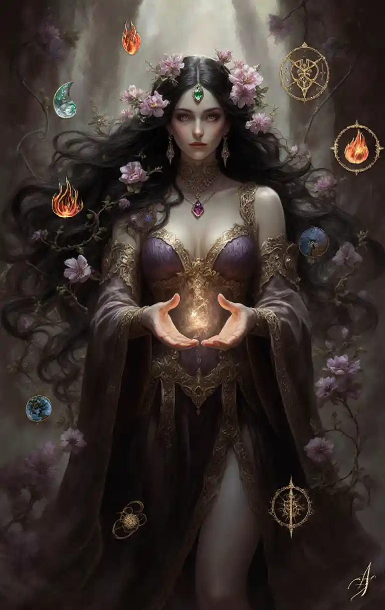 Elegant sorceress casting elemental magic in ornate baroque robes