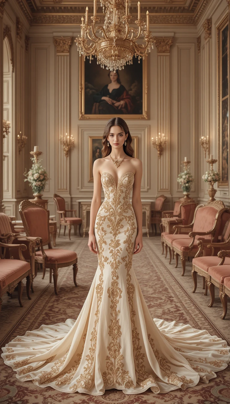Elegante donna in abito dorato in lussuoso interno di palazzo