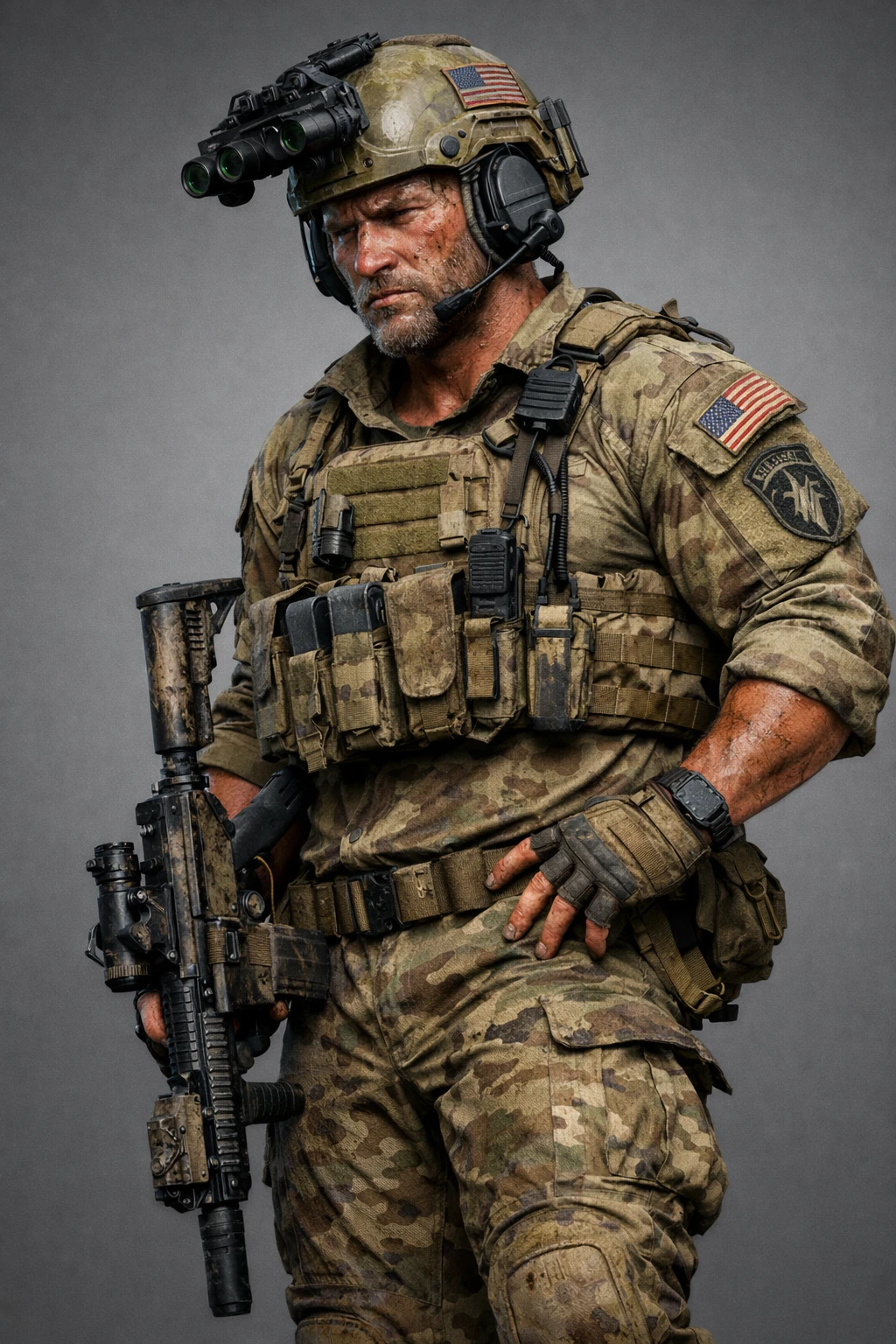 Full body 3D render of a tired US Army soldier