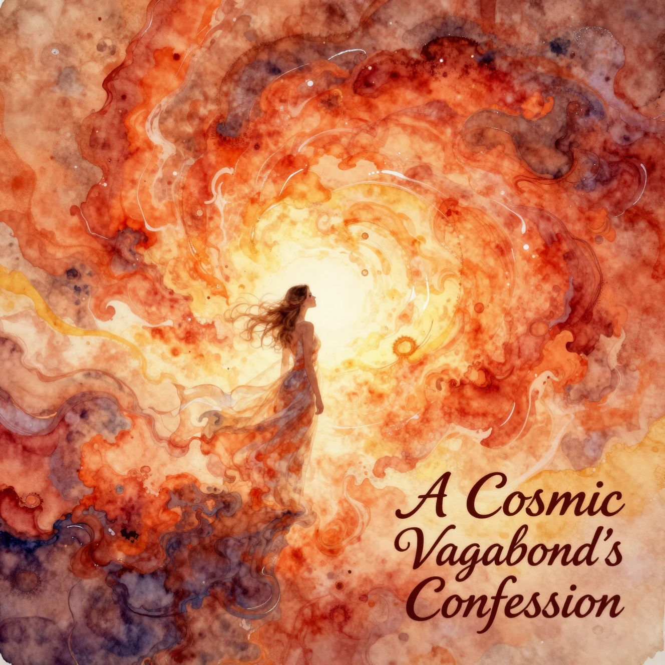 Ragazza ad acquerello alla deriva nella luce vorticosa di una tempesta cosmica