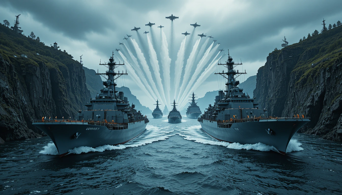 Massive oil tankers leading a warship convoy at sea