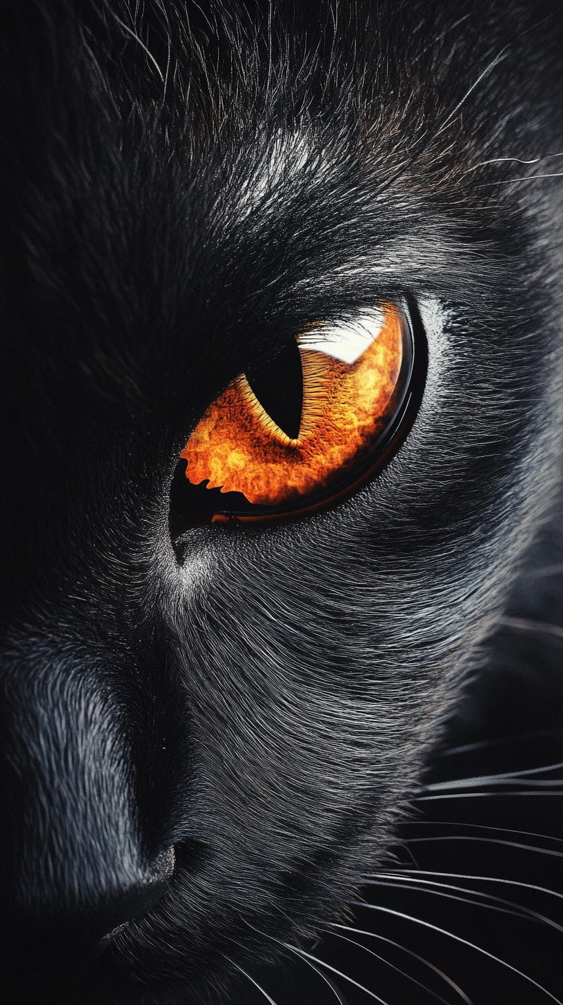 Close extremo de gato preto intenso com olho laranja vibrante