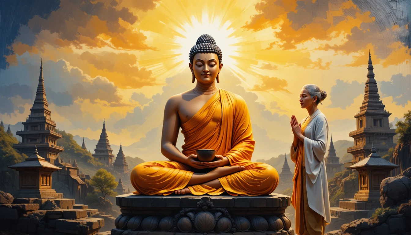 Buddha meditating with devotees in a glowing temple scene