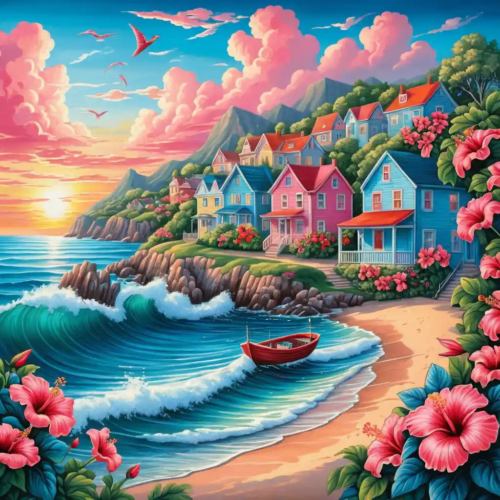 Cidade litorânea colorida ao pôr do sol com ondas e flores