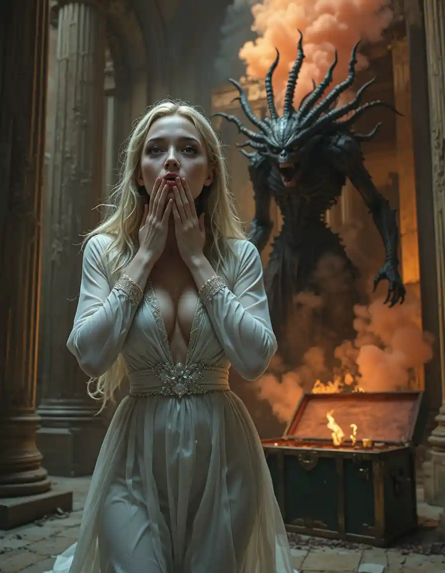 Terrified woman kneeling before an ancient demonic apparition