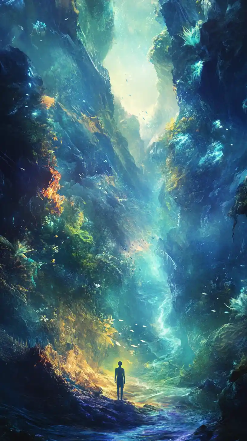 Lone Figure Walking Through Mystical Fantasy Mountain Landscape