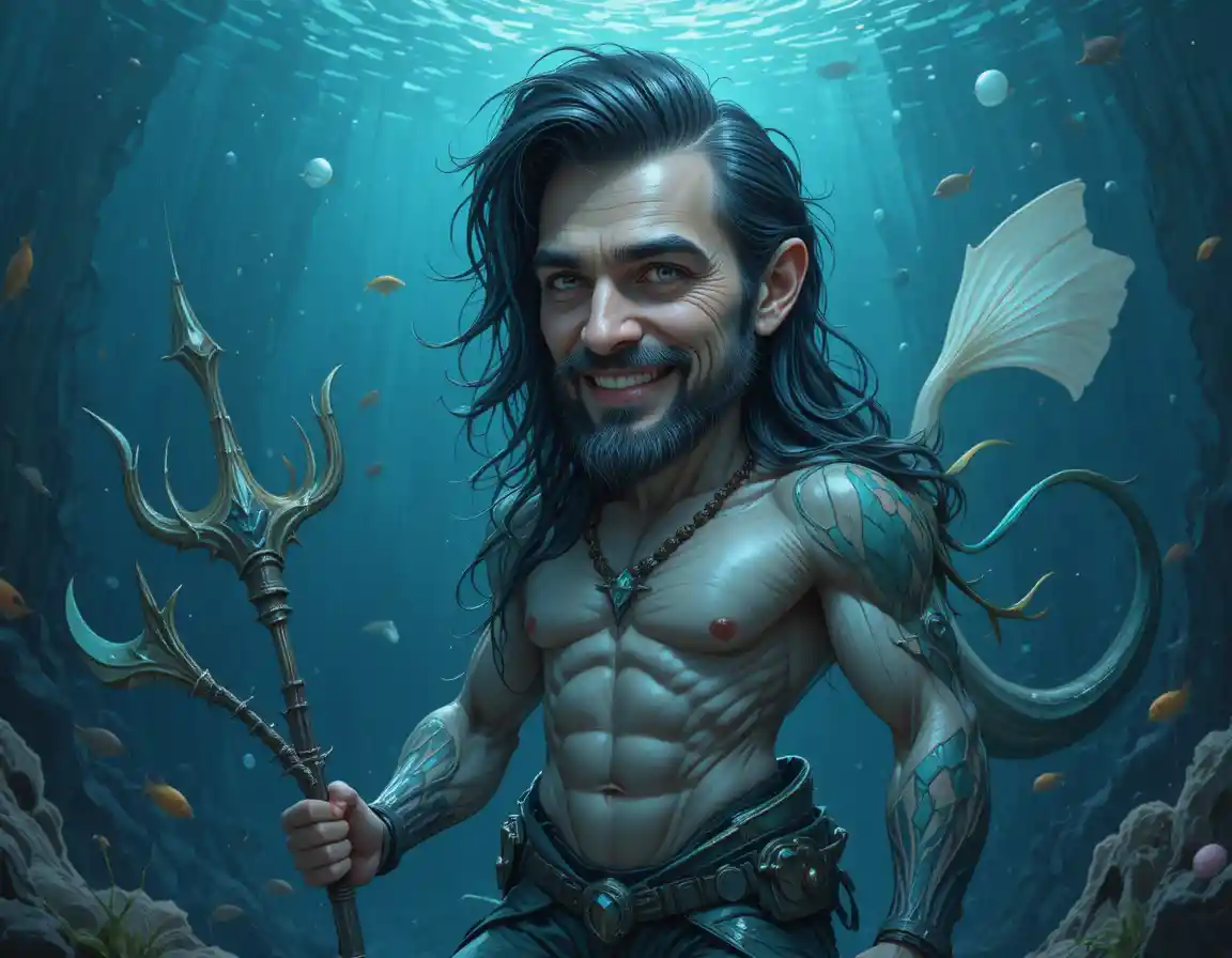 Muscular merman warrior with spear in deep blue ocean