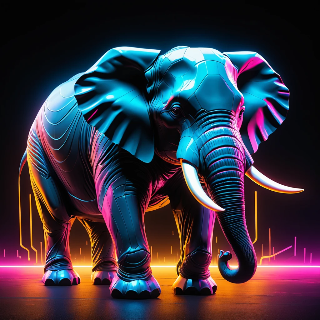 Éléphant cyberpunk néon en mouvement sur fond noir