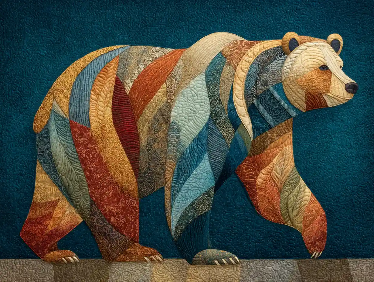 Patchwork bear walking forward with visible fabric seams