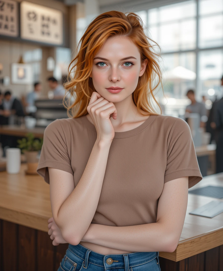 Confident redhead woman in coffee shop fashion portrait