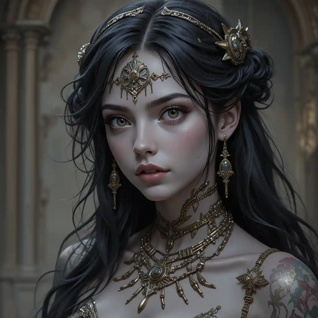 Young fate goddess holding scissors in a dark fantasy realm
