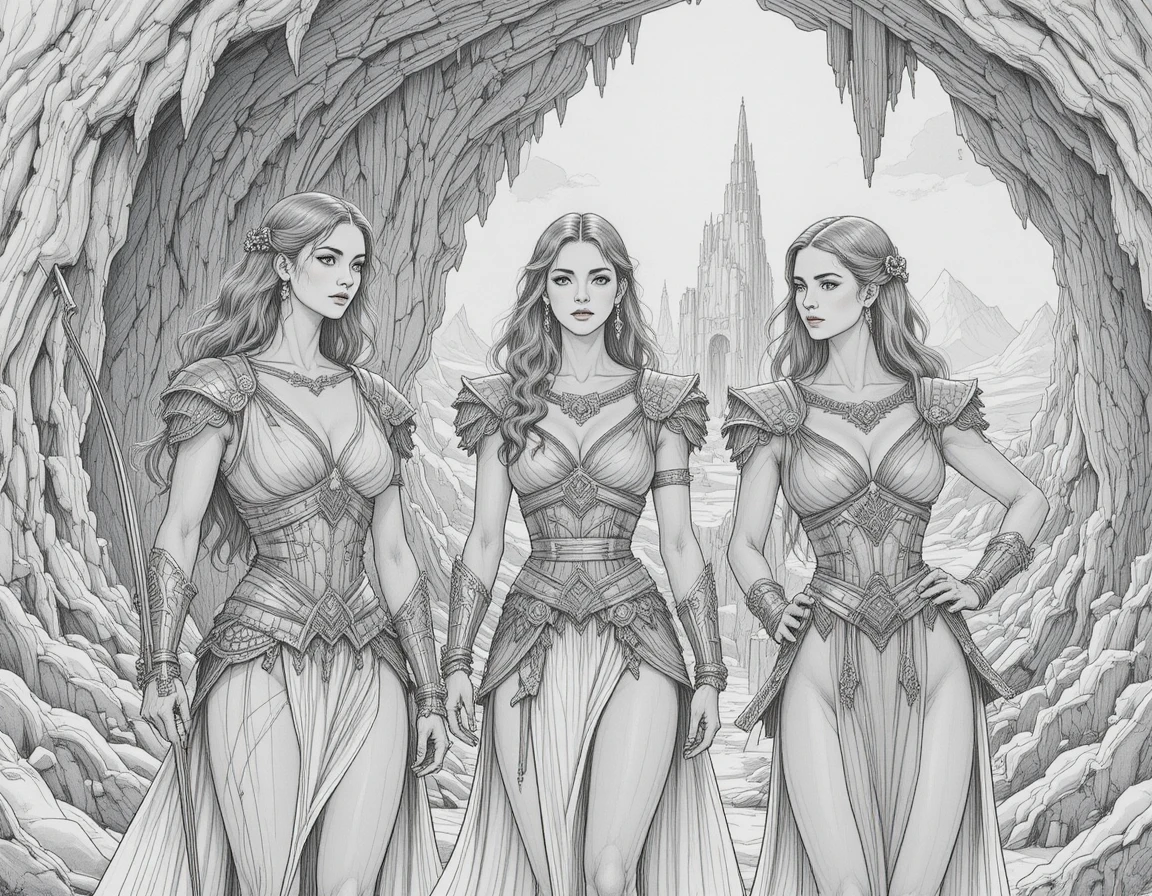 Three golden armored warrior women in a sunlit cave