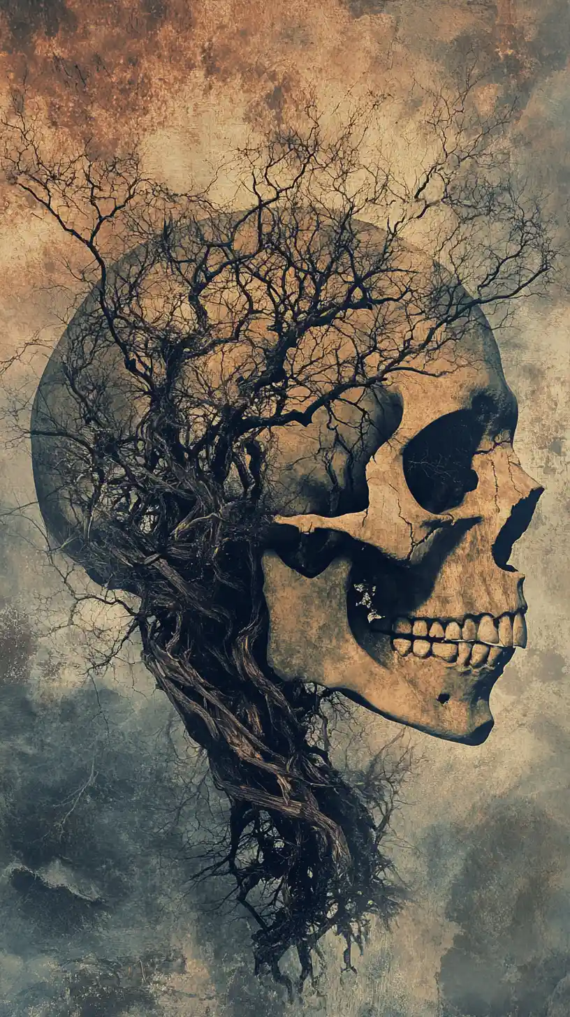 Surrealer Schädel, der im Profil mit einem verdrehten, kahlen Baum verschmilzt