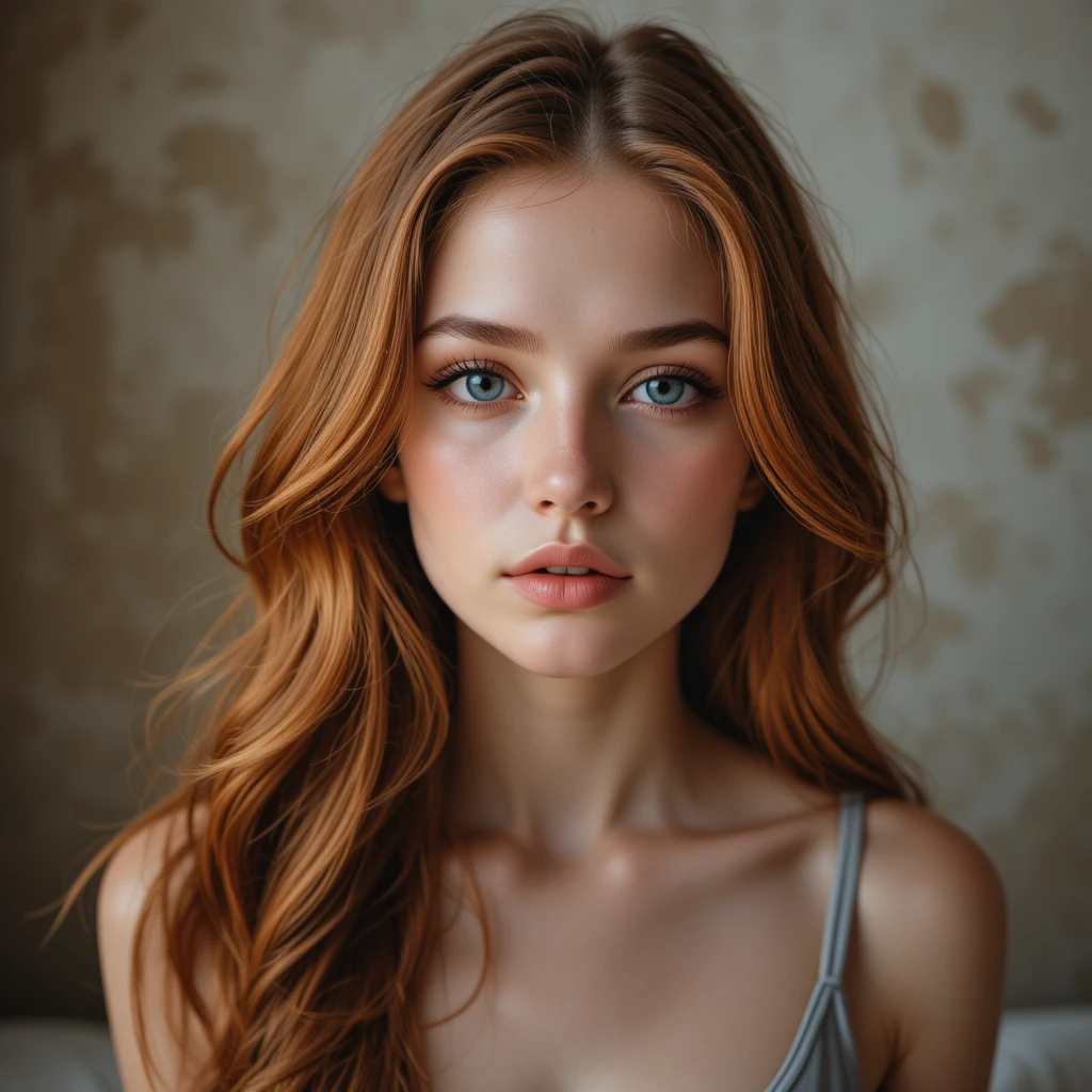 Serene auburn haired young woman in soft indoor portrait