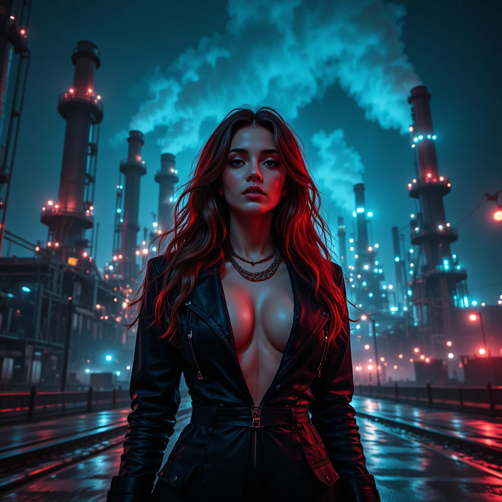 Cyberpunk woman beneath towering industrial refinery at night