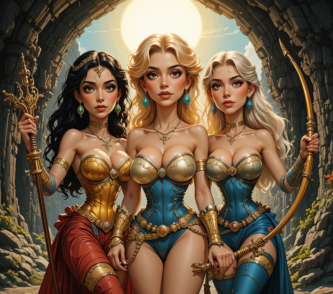 Three fantasy warrior women in golden armor in a cave