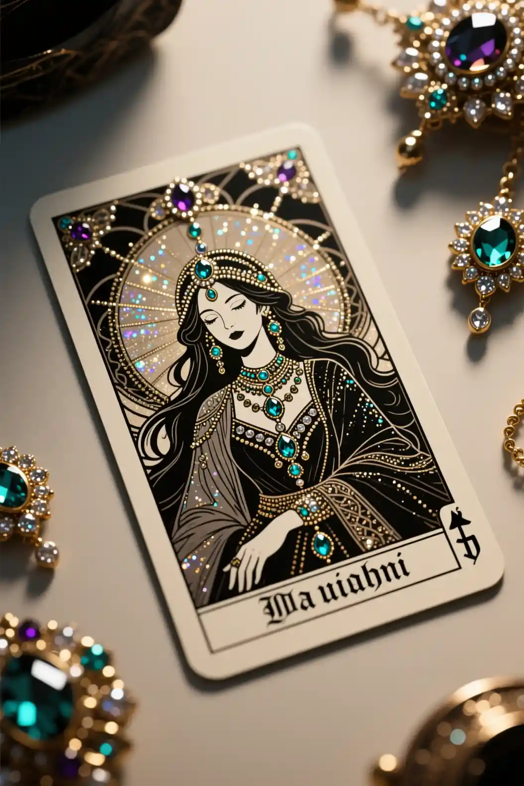 Carta dei tarocchi gotica con dettagli boho tempestati di gioielli