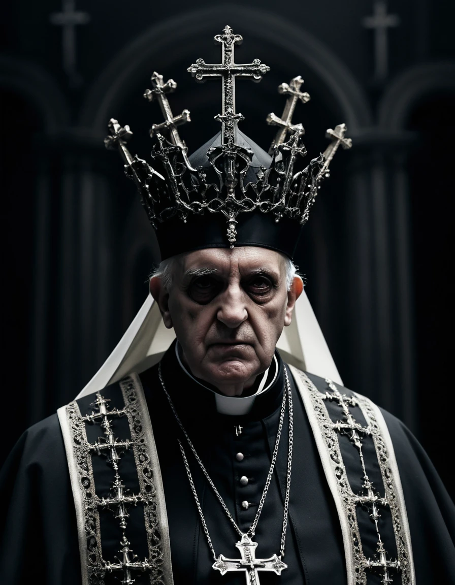 Dark pope in black orthodox robes with inverted crosses