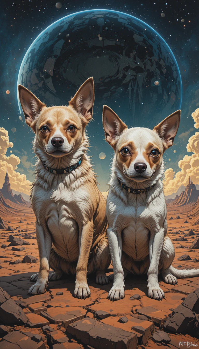 Dois cães engraçados e contrastantes em uma pintura panorâmica de ficção científica